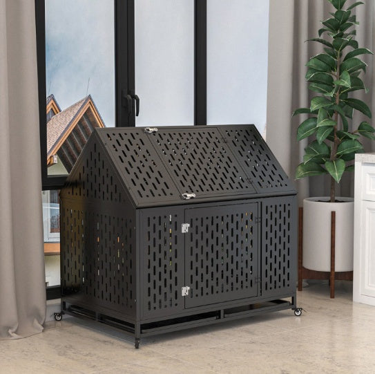 Heavy Duty Dog Crate 45 Inch Indestructible Pet Dog Cage Crate Kennel With Roof Top 2 Doors Removable Trays