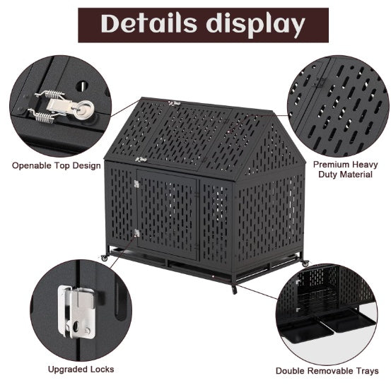 Heavy Duty Dog Crate 45 Inch Indestructible Pet Dog Cage Crate Kennel With Roof Top 2 Doors Removable Trays